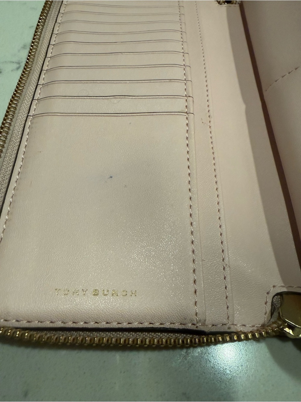 Tory Burch Blush Pink Pebbled Leather Zip Wallet with Gold Logo - Picture 13 of 16